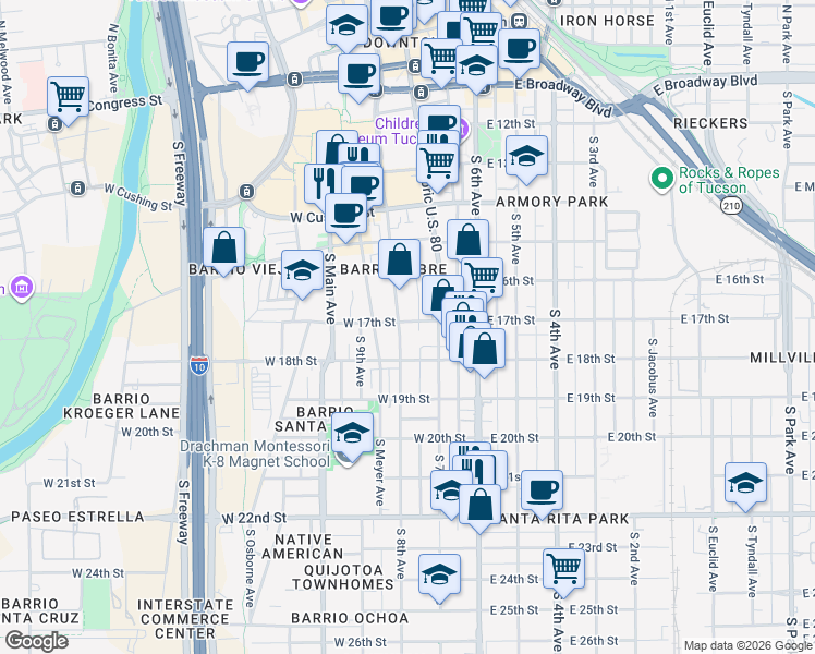 map of restaurants, bars, coffee shops, grocery stores, and more near 549 South Convent Avenue in Tucson