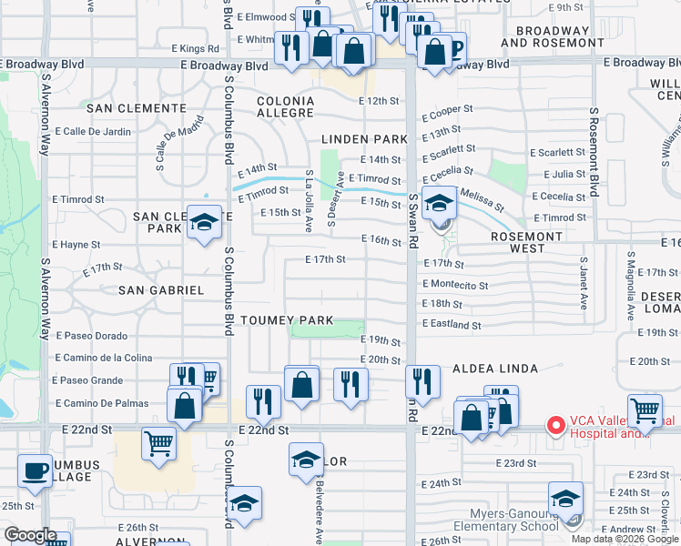 map of restaurants, bars, coffee shops, grocery stores, and more near 4551 East 18th Street in Tucson