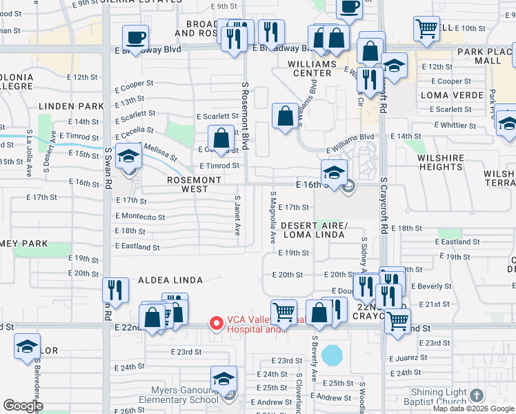 map of restaurants, bars, coffee shops, grocery stores, and more near 609 South Rosemont Avenue in Tucson