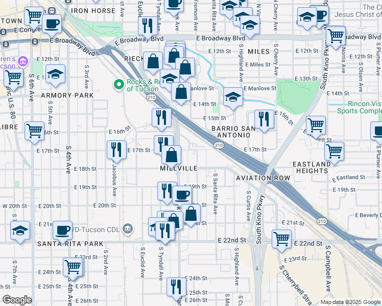 map of restaurants, bars, coffee shops, grocery stores, and more near 990 East 17th Street in Tucson