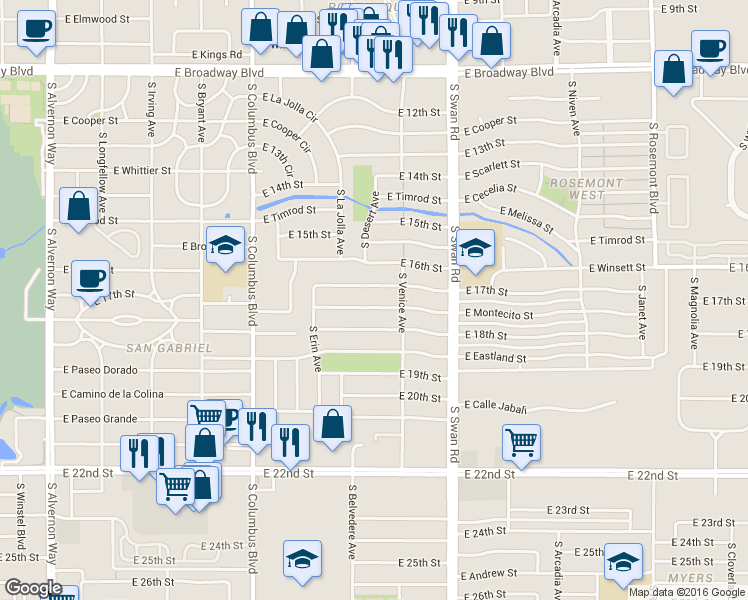 map of restaurants, bars, coffee shops, grocery stores, and more near 4551 East 18th Street in Tucson