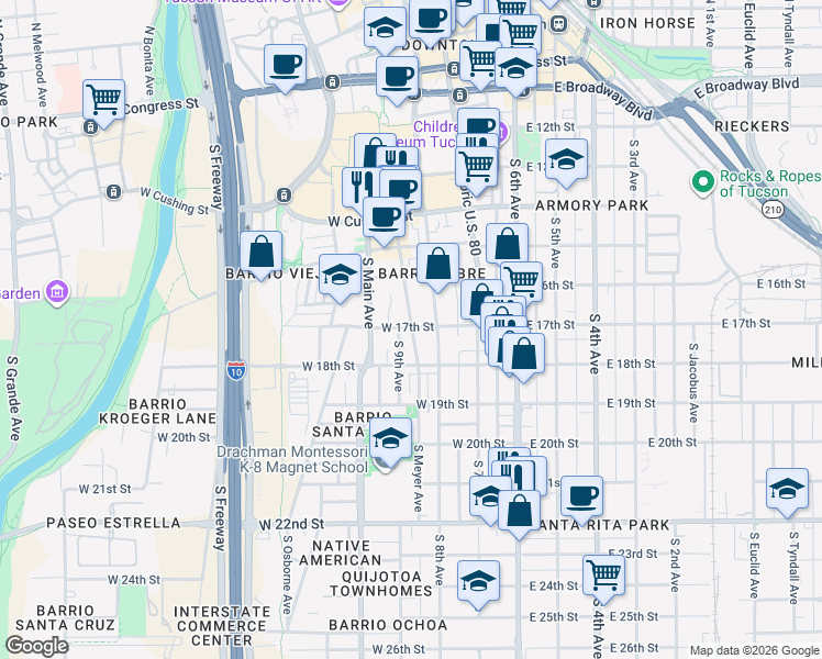 map of restaurants, bars, coffee shops, grocery stores, and more near 759 South 9th Avenue in Tucson