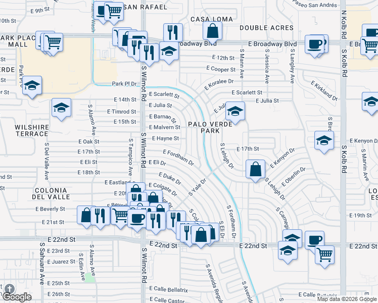 map of restaurants, bars, coffee shops, grocery stores, and more near 617 South Grinnell Avenue in Tucson