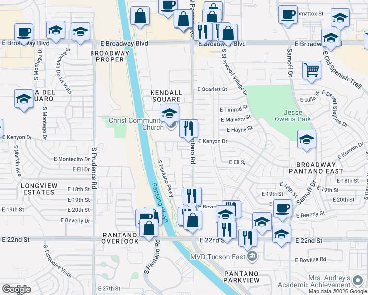 map of restaurants, bars, coffee shops, grocery stores, and more near 670 South Pantano Road in Tucson