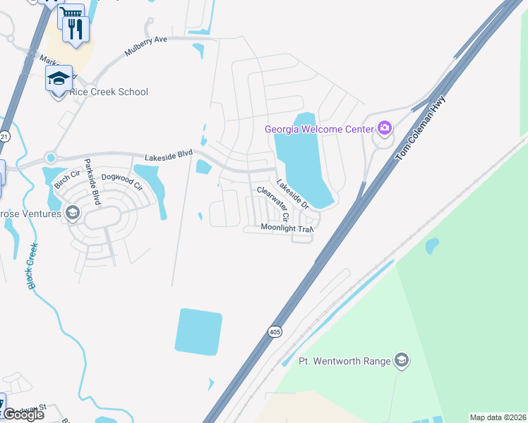 map of restaurants, bars, coffee shops, grocery stores, and more near 110 Moonlight Trail in Port Wentworth