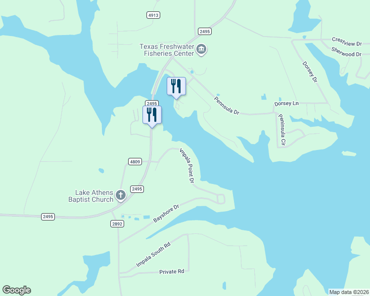 map of restaurants, bars, coffee shops, grocery stores, and more near 5489 Impala Point Drive in Athens