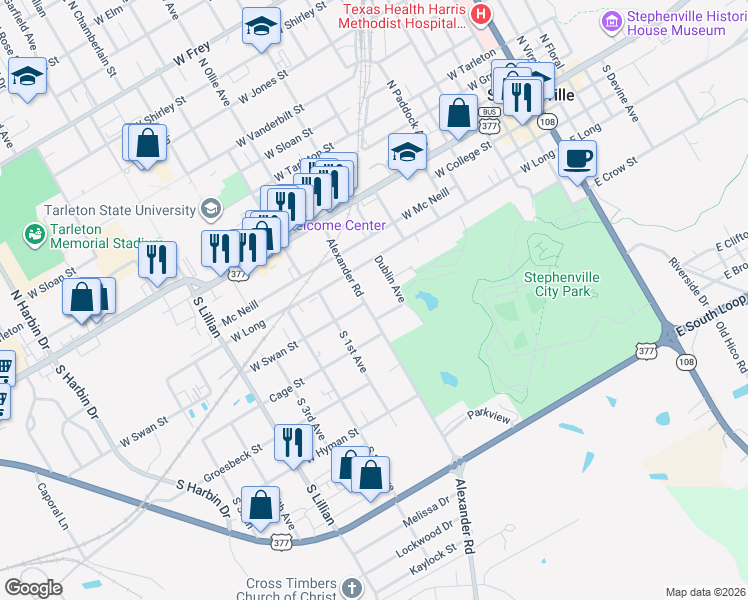 map of restaurants, bars, coffee shops, grocery stores, and more near 1090 West Long in Stephenville