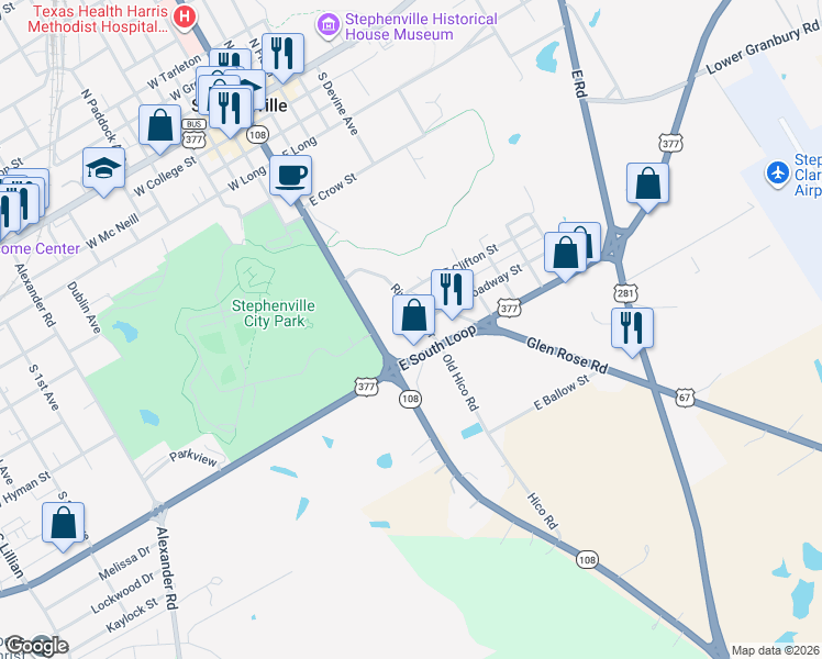 map of restaurants, bars, coffee shops, grocery stores, and more near 800 Riverside Drive in Stephenville