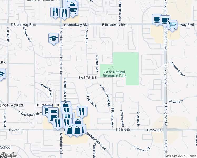 map of restaurants, bars, coffee shops, grocery stores, and more near 580 South Stoner Avenue in Tucson