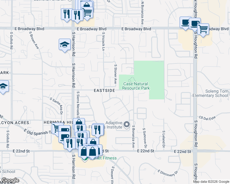 map of restaurants, bars, coffee shops, grocery stores, and more near 580 South Stoner Avenue in Tucson
