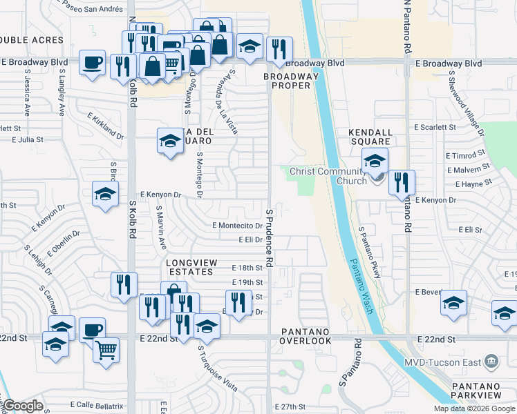 map of restaurants, bars, coffee shops, grocery stores, and more near 7425 East Kenyon Drive in Tucson