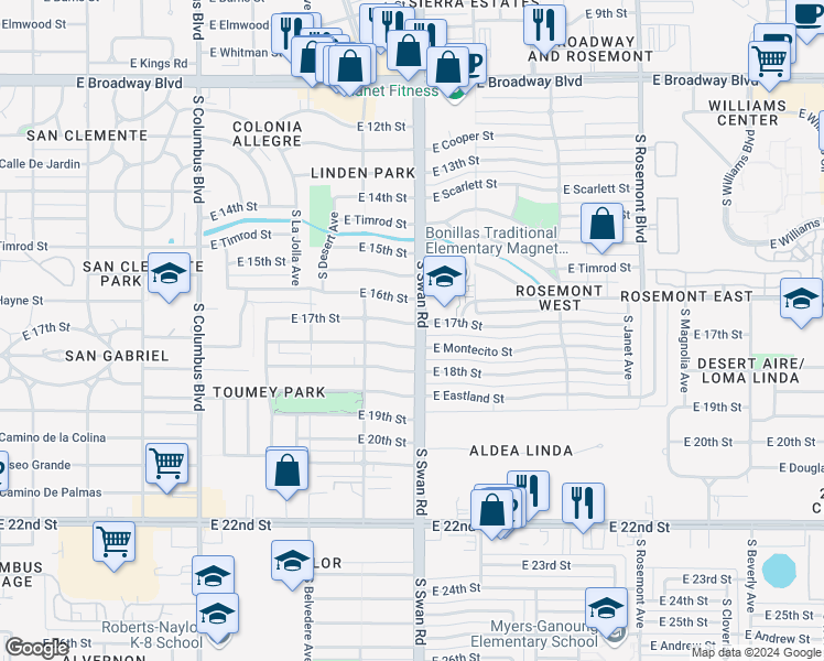 map of restaurants, bars, coffee shops, grocery stores, and more near in Tucson