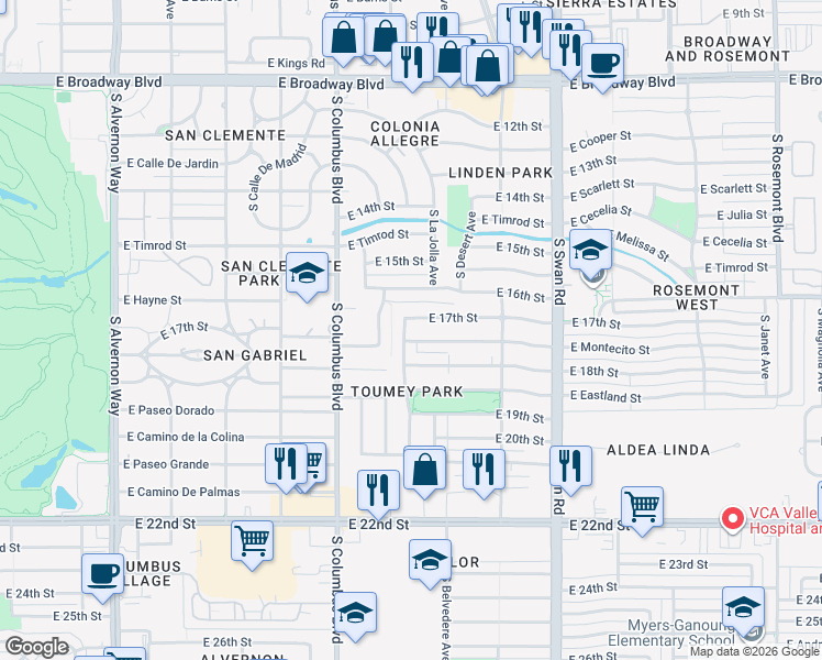 map of restaurants, bars, coffee shops, grocery stores, and more near 4415 East 17th Street in Tucson