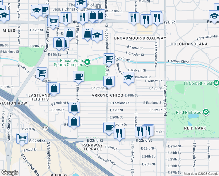 map of restaurants, bars, coffee shops, grocery stores, and more near 624 South Tucson Boulevard in Tucson