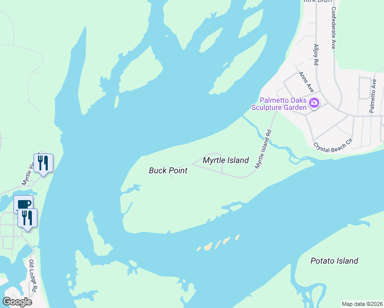 map of restaurants, bars, coffee shops, grocery stores, and more near 104 Myrtle Island Road in Bluffton