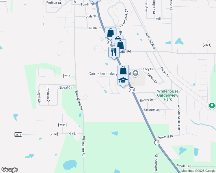 map of restaurants, bars, coffee shops, grocery stores, and more near 805 Rugby Lane in Whitehouse