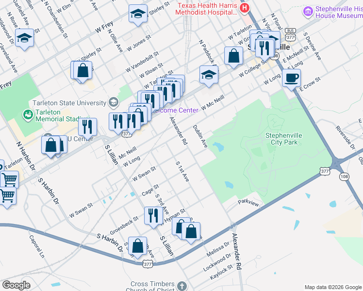map of restaurants, bars, coffee shops, grocery stores, and more near 1090 West Long in Stephenville
