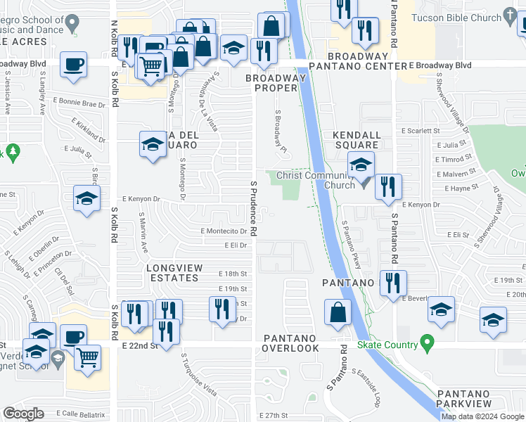 map of restaurants, bars, coffee shops, grocery stores, and more near 608 South Liana Court in Tucson