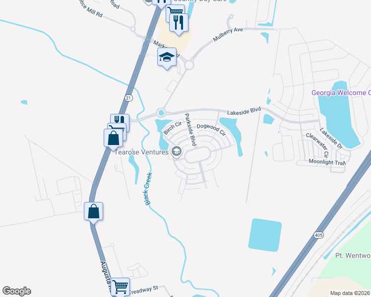 map of restaurants, bars, coffee shops, grocery stores, and more near 106 Parkside Boulevard in Savannah