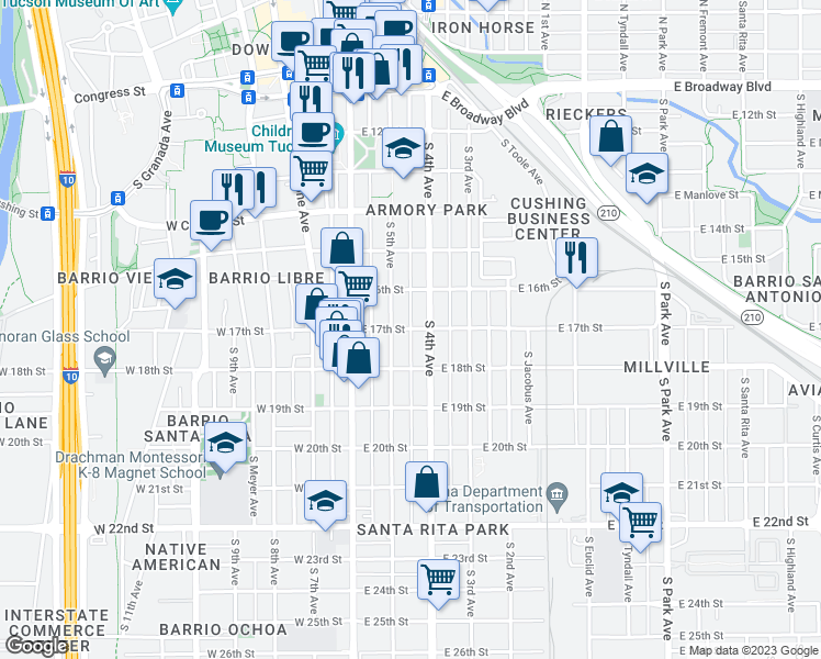map of restaurants, bars, coffee shops, grocery stores, and more near East 17th Street & South Herbert Avenue in Tucson