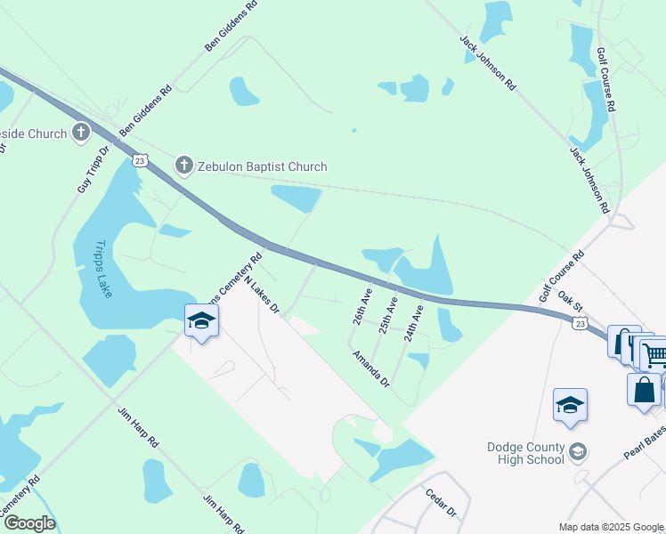 map of restaurants, bars, coffee shops, grocery stores, and more near Cochran Highway in Eastman