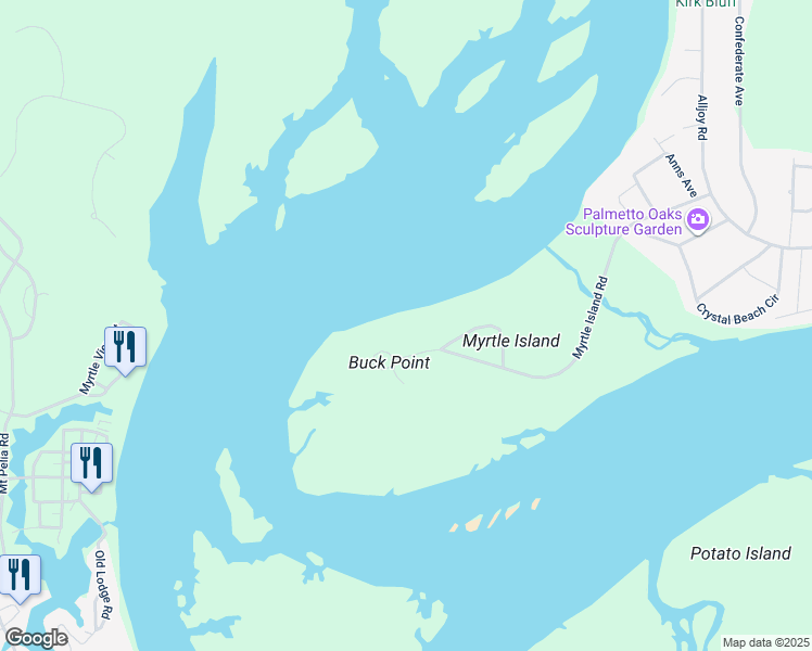 map of restaurants, bars, coffee shops, grocery stores, and more near 120 Myrtle Island Road in Bluffton