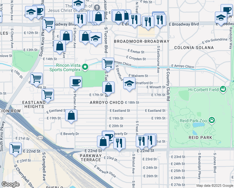 map of restaurants, bars, coffee shops, grocery stores, and more near 725 South Tucson Boulevard in Tucson