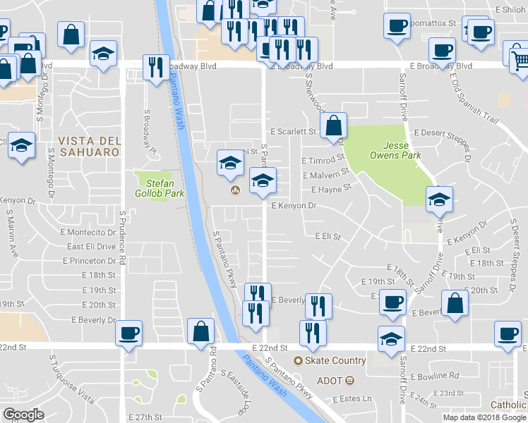 map of restaurants, bars, coffee shops, grocery stores, and more near 602 South Pantano Road in Tucson