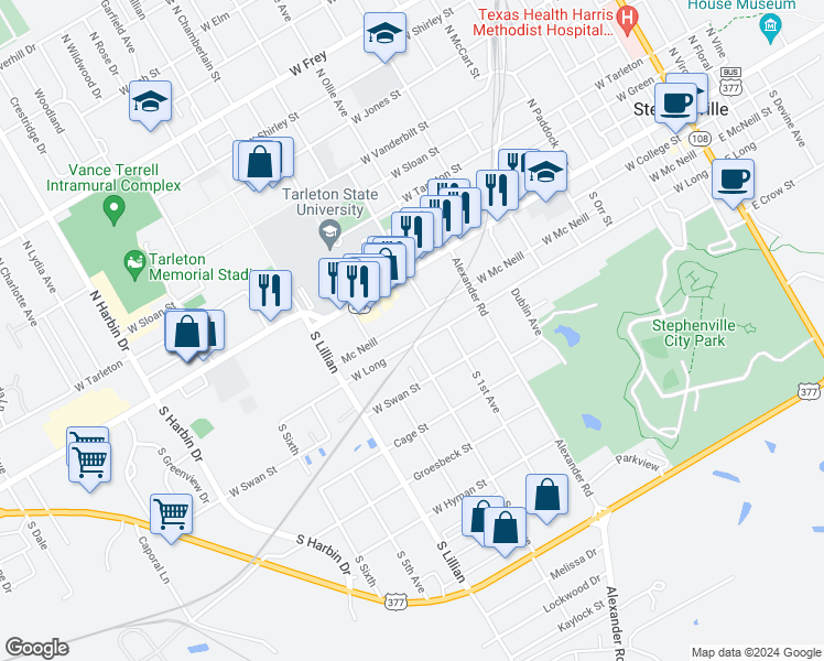 map of restaurants, bars, coffee shops, grocery stores, and more near 1296 West Mc Neill in Stephenville