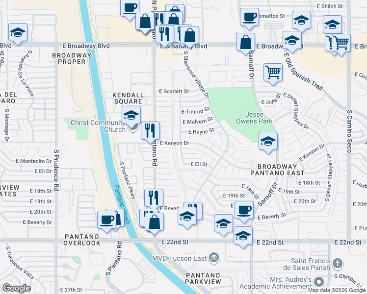 map of restaurants, bars, coffee shops, grocery stores, and more near 8001 East Kenyon Drive in Tucson