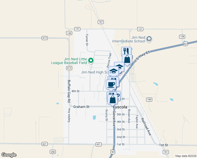 map of restaurants, bars, coffee shops, grocery stores, and more near 6 Santa Fe Drive in Tuscola
