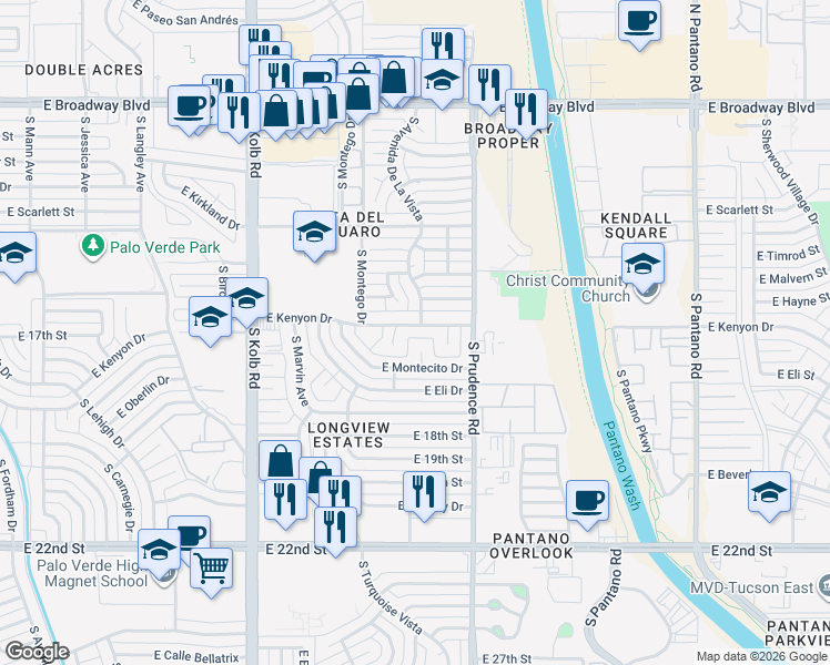 map of restaurants, bars, coffee shops, grocery stores, and more near 7358 East Kenyon Drive in Tucson