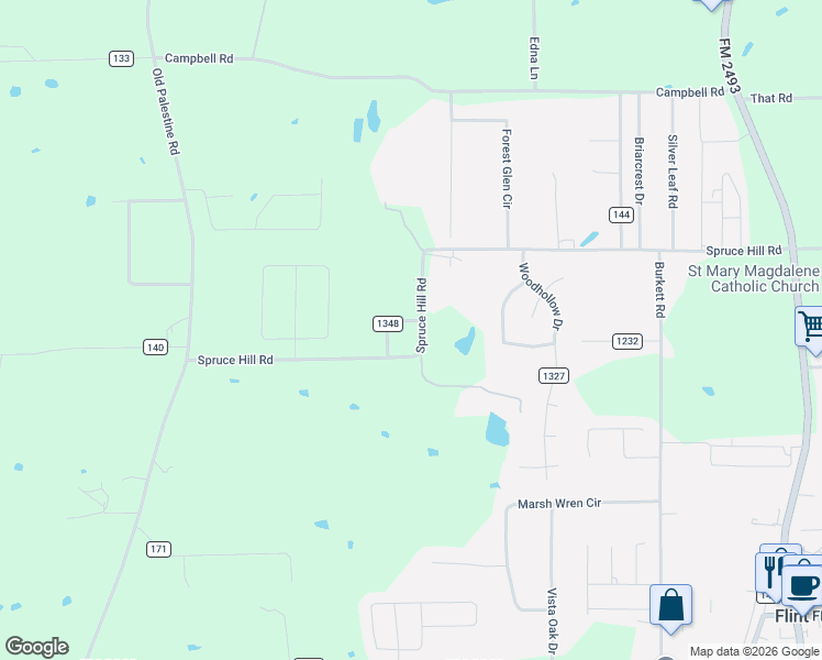 map of restaurants, bars, coffee shops, grocery stores, and more near 11840 County Road 1348 in Flint