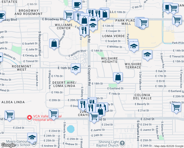 map of restaurants, bars, coffee shops, grocery stores, and more near 5512 East South Wilshire Drive in Tucson