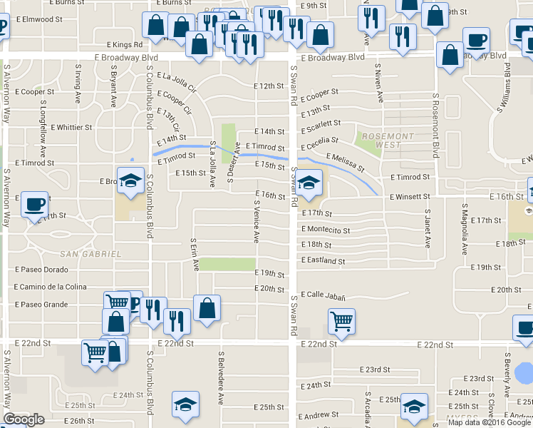 map of restaurants, bars, coffee shops, grocery stores, and more near 4625 East 17th Street in Tucson