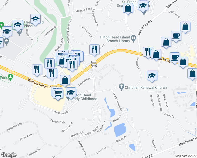 map of restaurants, bars, coffee shops, grocery stores, and more near 6 Indigo Run Drive in Hilton Head Island