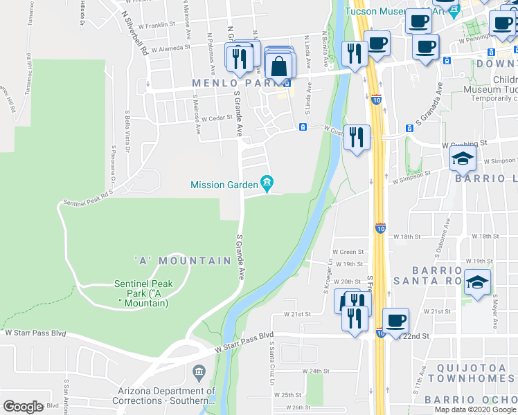 map of restaurants, bars, coffee shops, grocery stores, and more near 946 West Mission Lane in Tucson