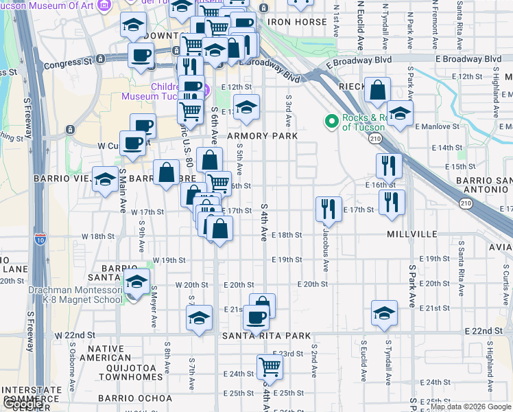 map of restaurants, bars, coffee shops, grocery stores, and more near 629 South 4th Avenue in Tucson