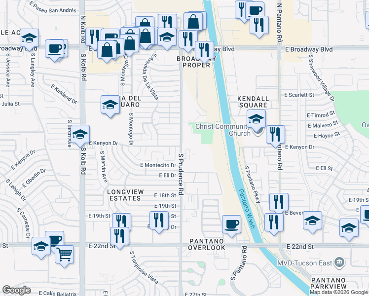 map of restaurants, bars, coffee shops, grocery stores, and more near 7529 East Liana Drive in Tucson