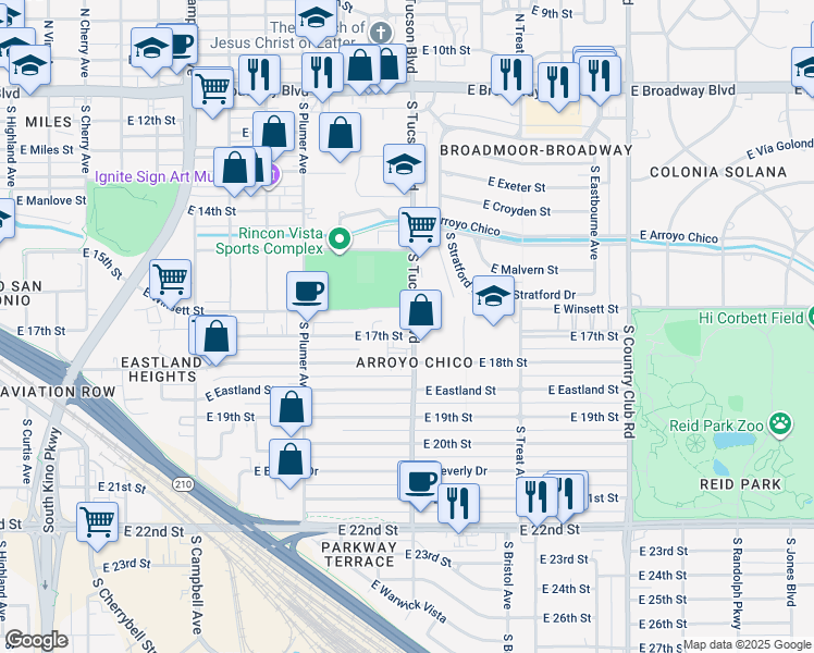 map of restaurants, bars, coffee shops, grocery stores, and more near 624 South Tucson Boulevard in Tucson