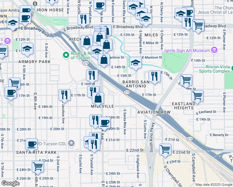 map of restaurants, bars, coffee shops, grocery stores, and more near 1001 South Mill Street in Tucson