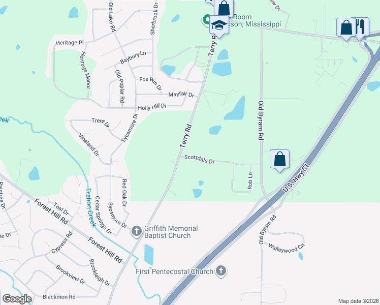 map of restaurants, bars, coffee shops, grocery stores, and more near 102 Scottdale Drive in Jackson