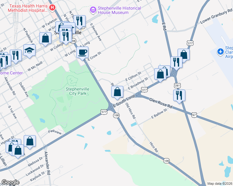 map of restaurants, bars, coffee shops, grocery stores, and more near 824 Riverside Drive in Stephenville