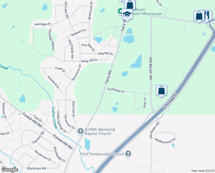 map of restaurants, bars, coffee shops, grocery stores, and more near 102 Scottdale Drive in Jackson