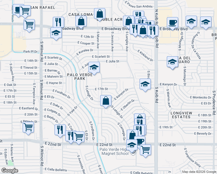 map of restaurants, bars, coffee shops, grocery stores, and more near 6728 East Hayne Street in Tucson