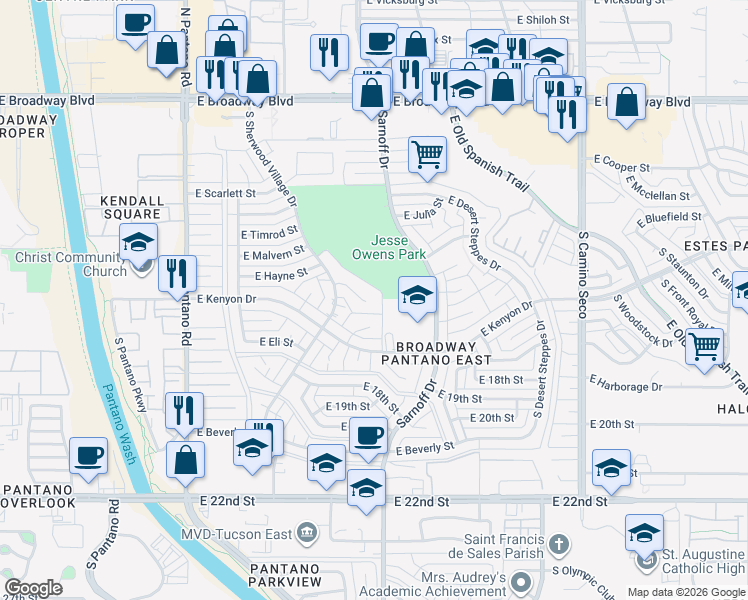map of restaurants, bars, coffee shops, grocery stores, and more near 8245 East Lynch Place in Tucson