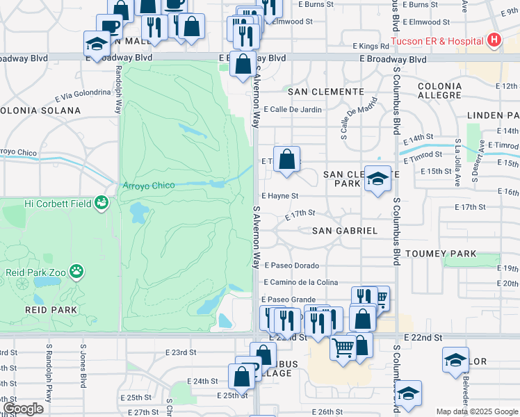 map of restaurants, bars, coffee shops, grocery stores, and more near 3901 East 17th Street in Tucson