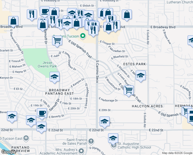map of restaurants, bars, coffee shops, grocery stores, and more near 8706 East Kenyon Terrace Drive in Tucson