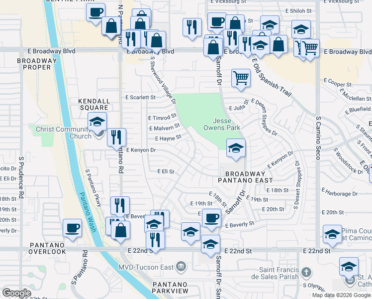 map of restaurants, bars, coffee shops, grocery stores, and more near 551 South Kent Place in Tucson