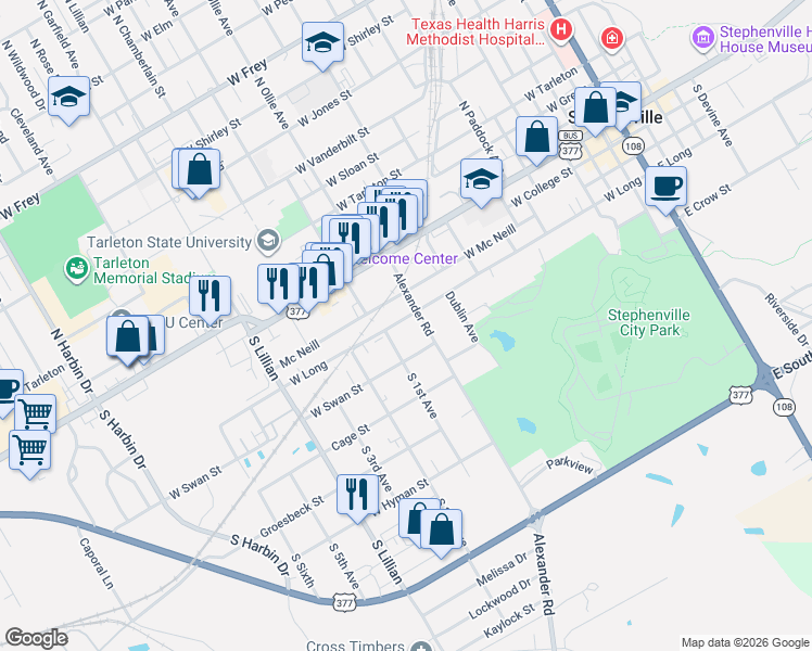 map of restaurants, bars, coffee shops, grocery stores, and more near 1155 West Long in Stephenville